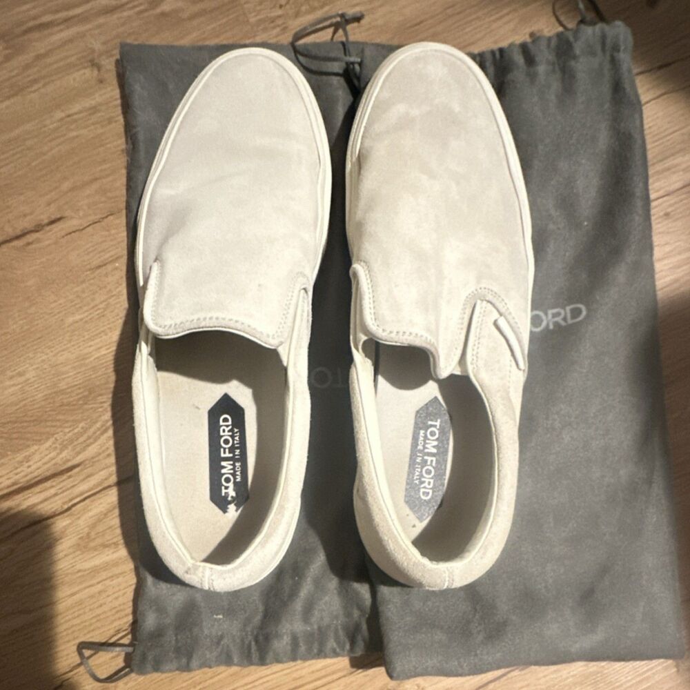 Tom Ford White Suede Slip-On Sneakers Logo Rubber Sole Men's US 11.5 J1368